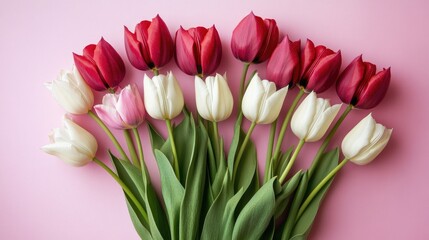 Obraz premium A fresh spring bouquet of tulips, artistically arranged on a soft pink background, symbolizing renewal.