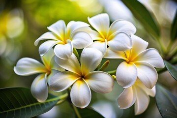 Obraz premium Close-up White Plumeria Blossoms on Branch, Tropical Flower Detail, Frangipani, Hawaiian Lei, Exotic Bloom