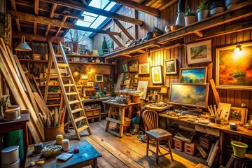Cluttered Wooden Workshop with Tools, Ladder & Artwork - Long Exposure Photography