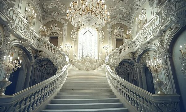 A grand, ornate marble staircase in a majestic, palatial interior, lit by chandeliers.