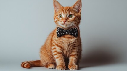 Obraz premium Charming orange tabby kitten with a polka dot bow tie in a minimal studio setting