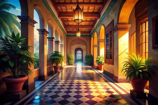 Colonial House Hallway:  Sunlit Passageway in a Historic Spanish Mansion