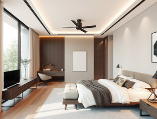 Modern luxury bedroom interior in minimal scandinavian style