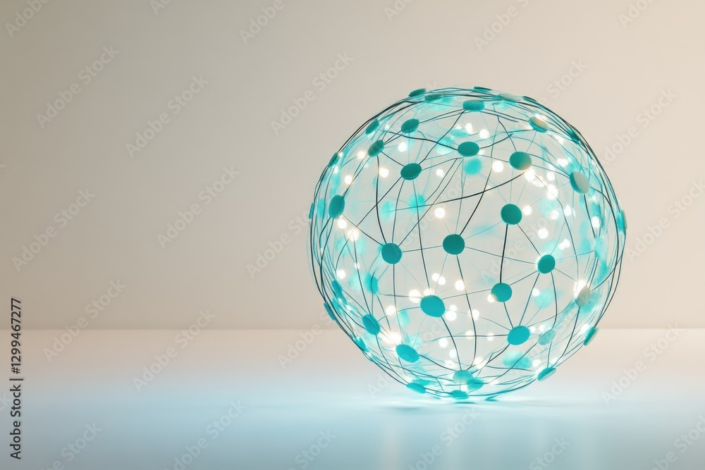 Poster a glowing teal sphere with interconnected nodes, representing global network and connection.
