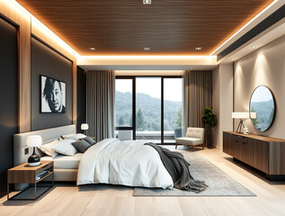 Modern luxury bedroom interior in minimal scandinavian style