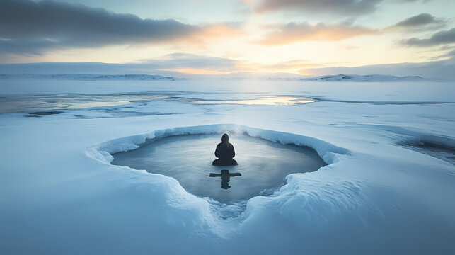 Solitary individual immerses in cross shaped ice hole during epiphany surrounded silence of snowy landscape their breath visible in cold air. Silence - Desert. Illustration