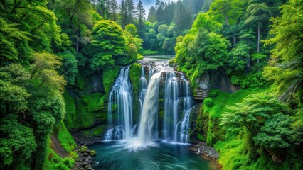 Obraz premium Majestic waterfall cascading through a dense forest of tall trees and lush greenery with vibrant foliage in every direction , serenity, wilderness