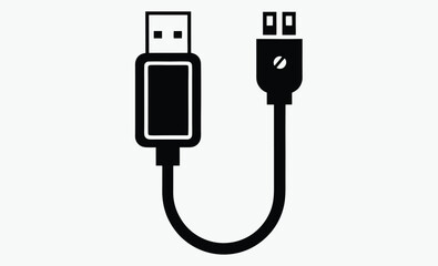 USB cable silhouette, charging cord vector, black and white icon
