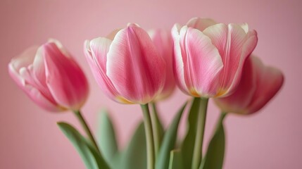 Naklejka premium A graceful floral arrangement of tulips, their petals open in full bloom, sitting on a soft pink backdrop.