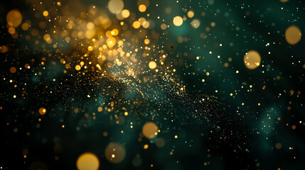 Fototapeta premium Golden light glimmers and dances across a dark emerald backdrop, creating a magical and festive atmosphere. 