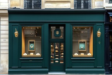 Luxury Jewelry Boutique in Paris: Emerald Facade and Exquisite Displays