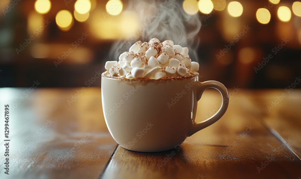 Poster rustic wooden table with a steaming cup of hot cocoa topped with whipped cream and marshmallows, sof