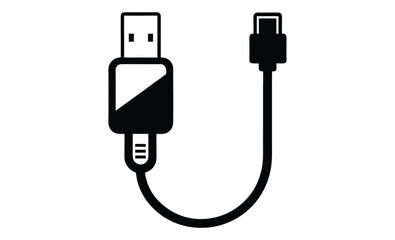 USB cable silhouette, charging cord vector, black and white icon
