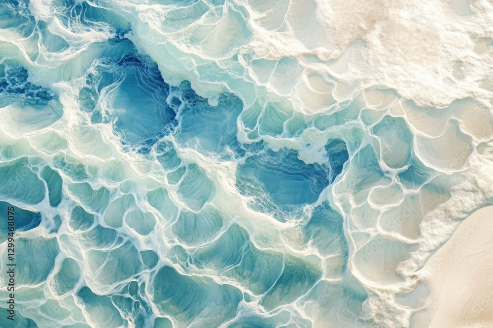 Poster abstract aerial view of ocean waves, showcasing swirling patterns and textures of turquoise and whit