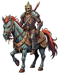 A decaying zombie knight, astride a skeletal steed, charging through a desolate battlefield; vintage woodcut style, detailed textures, chiaroscuro lighting.