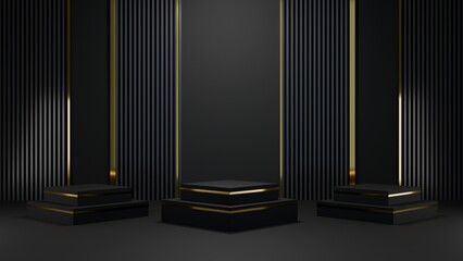 Black geometric platform with golden glitter in background. Luxury scene for cosmetic products display, showcase, promotion