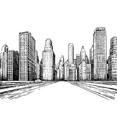 Obraz premium Impressive skyline view showcasing towering skyscrapers along a serene thoroughfare in a bustling urban setting