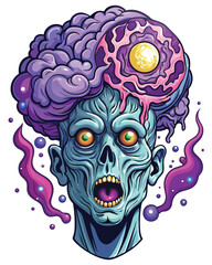 A decaying zombie's exposed brain morphs into a swirling vortex of psychedelic colors and patterns, detailed texture, 8k resolution.