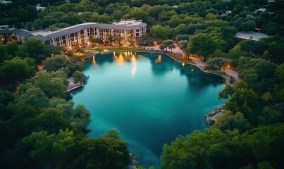 Scenic aerial view of a crystal-clear lake surrounded by lush greenery, softly illuminated to capture its serene and natural beauty