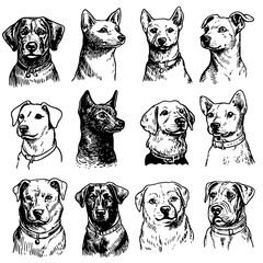 Collection of various dog portraits showcasing different breeds and expressions in an artistic style
