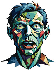 A terrifyingly realistic zombie face, fragmented into sharp, geometric Cubist shapes, revealing decaying flesh and bone.  High detail, dark lighting.