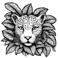 Obraz premium Leopard head surrounded by lush leaves in a detailed black and white illustration
