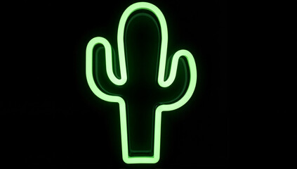 Fototapeta premium Neon cactus silhouette on solid black background, modern decor