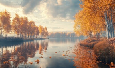 Autumn trees reflect in calm river under cloudy blue sky.