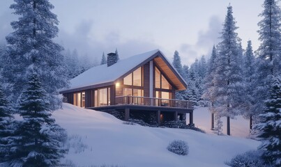 Scenic mountain cabin surrounded by snow-covered trees, soft warm lights glowing from the windows, peaceful winter atmosphere evoking warmth,