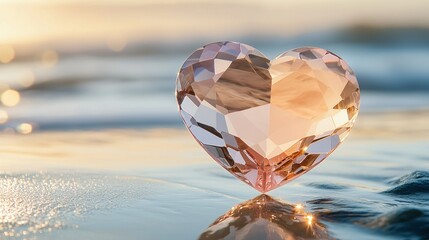 Fototapeta premium Crystal heart on beach at sunset. Romance concept for a card or background