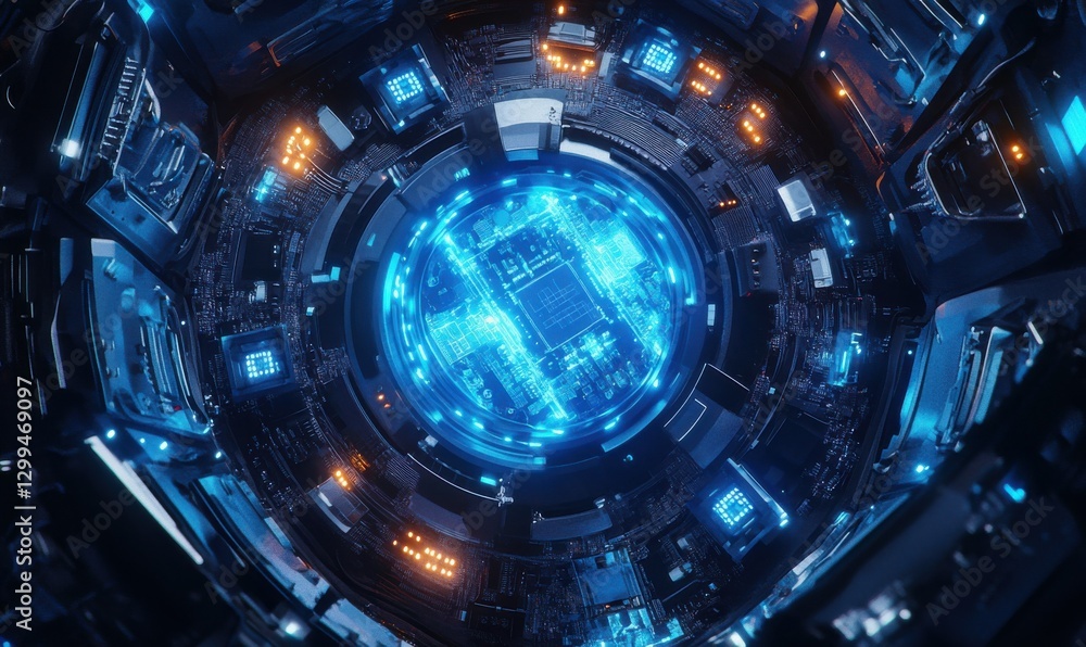 Poster high-performance computer processor glowing with blue lights, surrounded by intricate, futuristic ci
