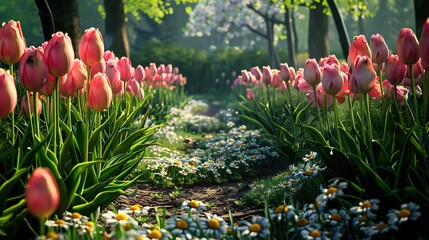 A spring garden with tulips and daisies in full bloom, surrounded by fresh greenery and the soft light of dawn.