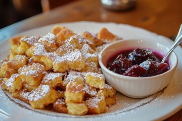 Kaiserschmarrn (Austria) A plate of Kaiserschmarrn with golden, fluffy shredded pancake pieces dusted with powdered sugar