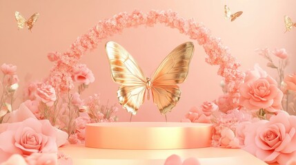 A luxurious golden butterfly podium with pink rose flowers and a D floral arch, set for a beauty product showcase. Soft pastel background.