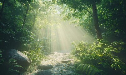 Serene pathway leading through a dense green forest, sunlight streaming through the canopy, evoking tranquility and exploration,