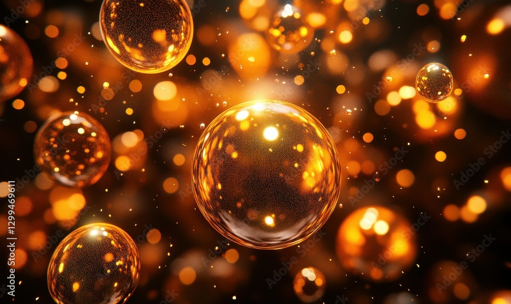 Poster interconnected glowing spheres in orange and gold tones, floating dynamically in a high-tech abstrac