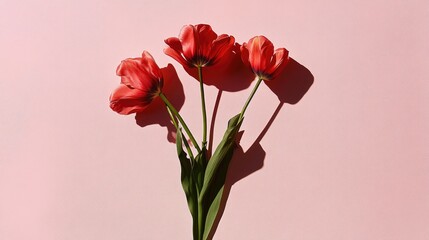 Obraz premium A minimalist arrangement of tulips placed on a pink background, highlighting their natural beauty and charm.