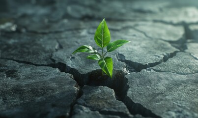 Lush green plant growing through cracks in a concrete surface, symbolizing resilience and nature's triumph over urbanization.