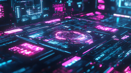 Obraz premium A futuristic AI system controlling neon-lit holograms, surrounded by real-time data and machine learning algorithms.