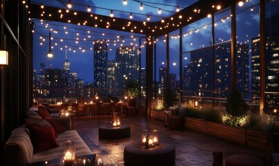 Luxurious rooftop bar with plush seating, warm string lights, and panoramic views of the city skyline at nigh
