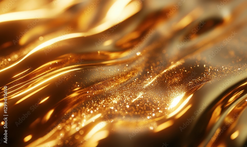 Poster macro shot of glittering gold particles on a smooth surface, illuminated by soft light creating a lu