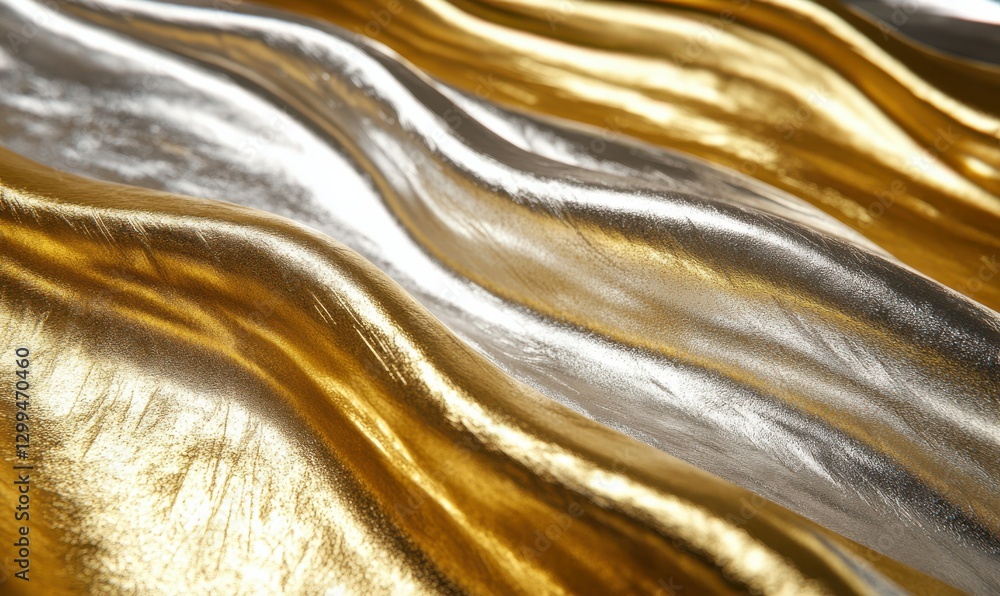 Poster macro shot of futuristic metallic textures in gold and silver, arranged in abstract wave-like patter
