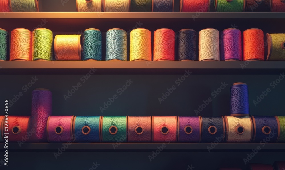 Poster vibrant display of colorful spools of thread neatly arranged on a shelf, bright soft light illuminat