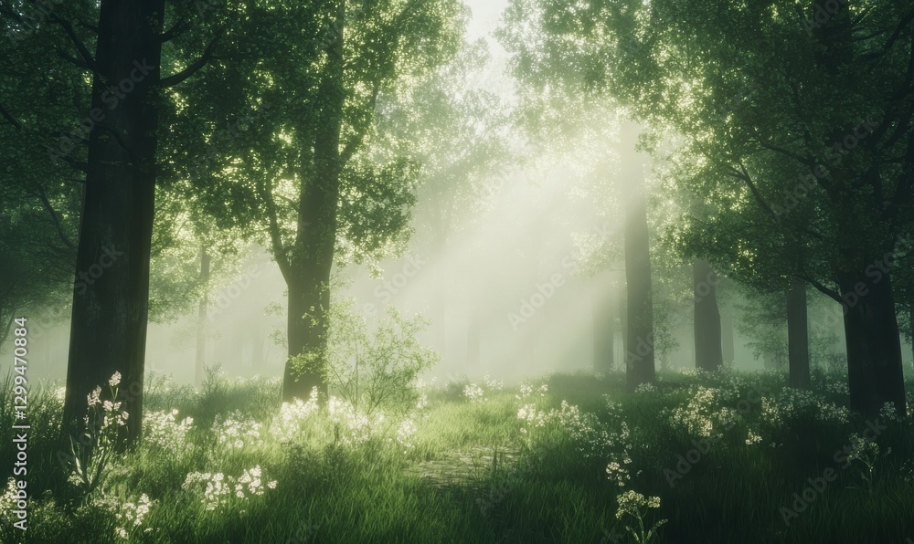 Poster tranquil forest scene with sunlight filtering through tall trees, soft green hues creating a calming
