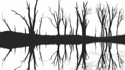 Fototapeta premium A black and white silhouette of trees reflected in a still body of water. Silence - Desert. Illustration