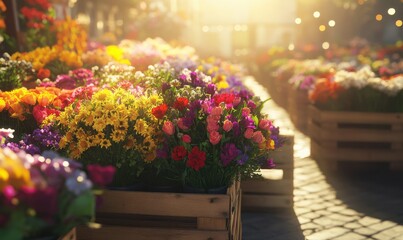 Obraz premium Vibrant flower market with colorful bouquets displayed in wooden crates, bright sunlight adding warmth and clarity, evoking joy and abundance,