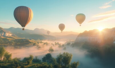 Obraz premium Vibrant hot air balloons floating above a misty valley at sunrise, pastel hues blending beautifully into the clear sky, creating a peaceful morning vibe,