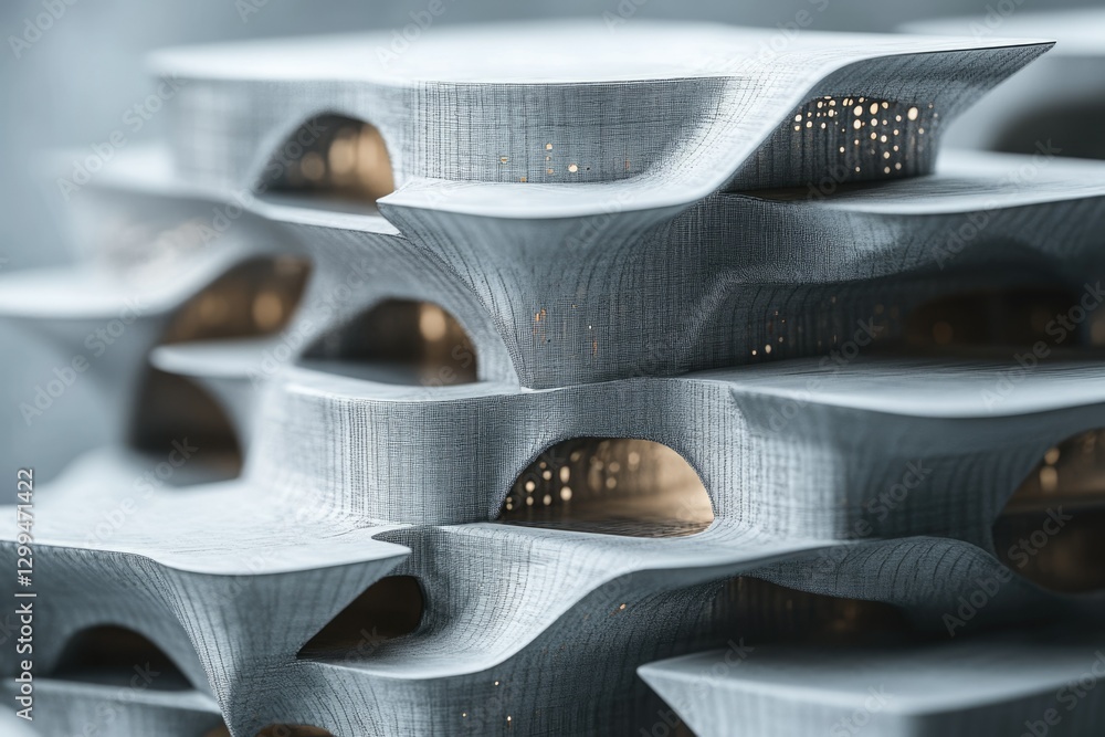 Poster architectural model showcasing a futuristic building with layered, undulating forms and intricate de