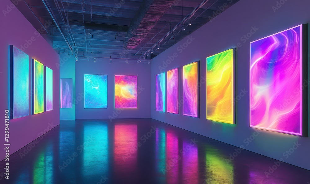 Poster modern art installation featuring dynamic abstract patterns in neon colors, displayed in a minimalis