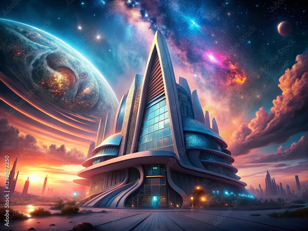 Poster cosmic architecture: looping nebulae scrolling across futuristic building facade